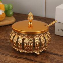 1pc European-Style Glass Sealed Jar For Kitchen Storage, Suitable For Sugar, Tea, Seasonings And Snacks, Elegant Wrought Iron Design, Fit For Home And Office Decor - Gold - View 3