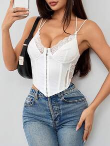 现代菱形蕾丝紧身胸衣 - 修身挂脖式束身胸衣上衣，配有骨和前纽扣 - 白色 - 查看 1