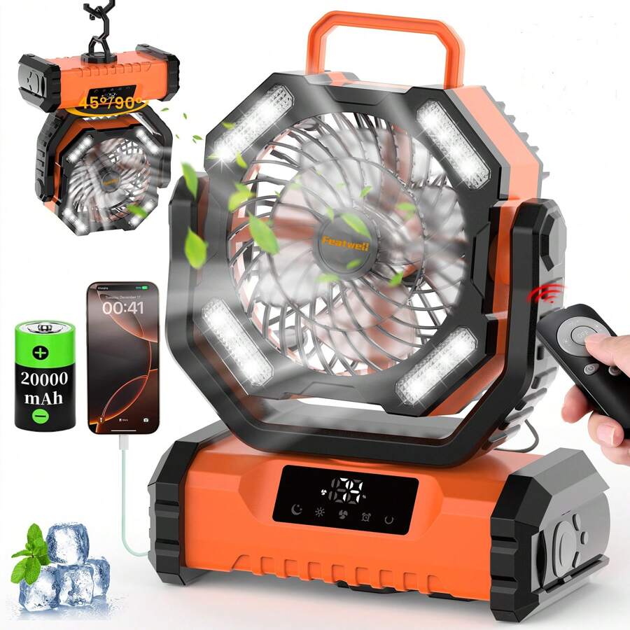 [Touch Control LED Camping Fan] 20000mAh Portable LED Camping Fan With USB Rechargeable Battery & Built-In Light | Compact Outdoor Cooling Fan For Tents, Fishing, And Hiking | Rugged Outdoor Design, Versatile Outdoor Fan, Camping Accessories