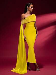 Women's Beaded Tie Splice Off Shoulder Bodycon Dignified Evening Maxi Dress, Autumn - Yellow - View 2
