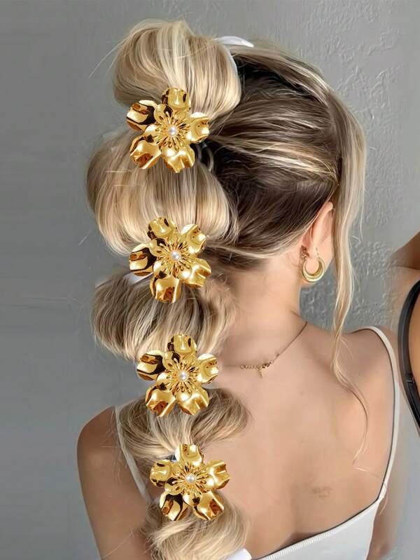 1 pieza Accesorio para el cabello con perlas y flor de oro metálico, de moda para mujer, adecuado para el verano y las vacaciones en la playa - Sujetadores de coleta, elásticos de pelo, lazos de goma, scrunchies y cuerda elástica para el cabello