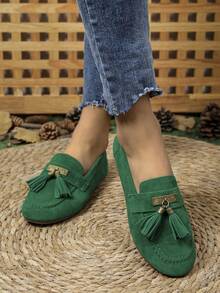 女式平底流苏乐福鞋，2025年新款纯色绒面革蝴蝶结软底一脚蹬平底女鞋 - 綠色 - 查看 4