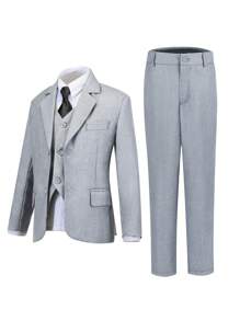 Tween Boy Suits 4-Pieces Suit Set Tuxedos Dresswear Ring Bearer Outfit Wedding Blazer Vest Pants Tie Formal Suits, Light Grey Size 4-16Y