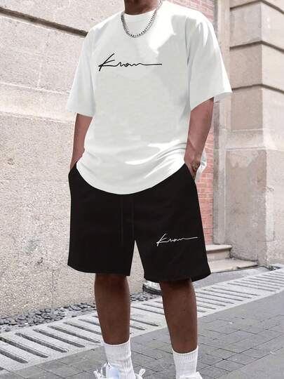 男士简约英伦印花短袖T恤和短裤套装