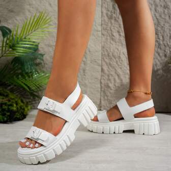 女款新款圆头凉鞋，厚底软底软皮舒适防滑休闲百搭开放式脚趾，加大码43罗马风格凉鞋