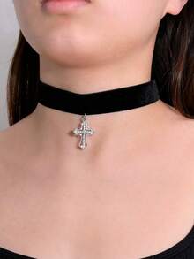 1pc Gothic Cross Pendant Necklace With Velvet Choker, Dark Style Jewelry Gift Suitable For Women To Wear Daily, Party And Events - Collar - View 6