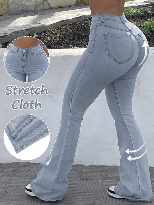 Nuevos jeans acampanados de mujer para otoño - unicolor, cintura alta ajustada, elásticos, casuales y versátiles. Perfectos para volver al colegio, inspirados en el estilo de los años 2000, streetwear femenino, Y2K.