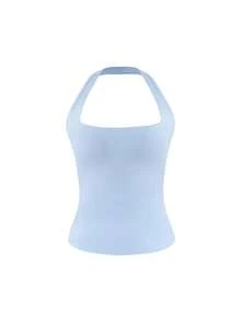 XLLAIS 性感露背蓝色吊带背心，时尚方领弹力休闲修身细肩带无袖上衣，适合女性，春夏假日穿着 - 淺藍色 - 查看 6