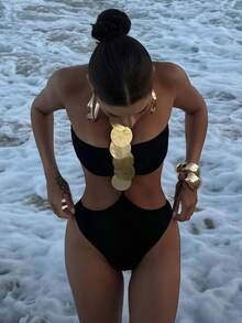 1pc Women's Sexy Sequin Decor Halter-Neck One-Piece Swimsuit