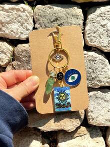 1 件天然石绿水晶邪眼、太阳、月亮和绿松石吊坠钥匙扣、包饰、汽车钥匙圈、日常使用小型汽车配件学校可爱哥特 Y2k 圣诞礼物创意包饰挂绳带身份证夹汽车配件包饰 - 藍色眼睛 - 查看 3