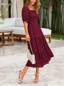 Women's Summer Casual Mid-Length Dress Square Collar Puffed Sleeve Ruffles A-Line Flower Elegant Bohemian Style Dress - 酒紅色 - 查看 3