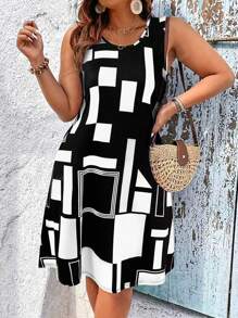 Vestido de verano para mujer talla grande, vestidos midi sin mangas con estampado geométrico (disponible en tallas 1X-5X), vestido bohemio casual chic para playa y vacaciones