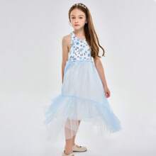 Little Girls' Ruffled Tulle Summer Dress With Floral Print Garden Parties