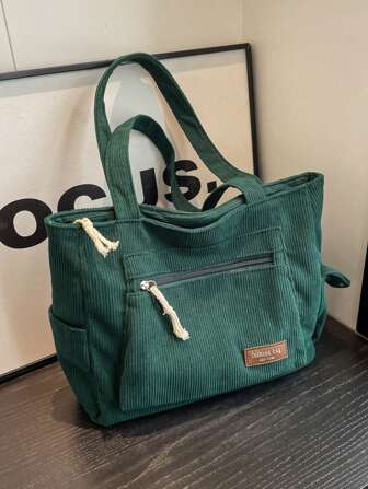 1 件字母贴片装饰纯色大容量灯芯绒单肩手提包，带多个口袋，适合旅行、购物、上学通勤，设计简约时尚