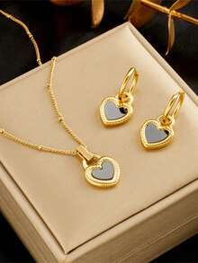 3 件/套不锈钢个性化黑白双面心形吊坠项链和耳环，适合女士日常佩戴情人节 - 金黃色 - 查看 7