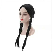 Black Double Braids With Flat Bangs Wig, Suitable For Girls, Can Be Used For Wednesday Cosplay, Evil Character Cosplay, Photography, Party Costume Accessories And Halloween Costumes. - Multicolor - View 3