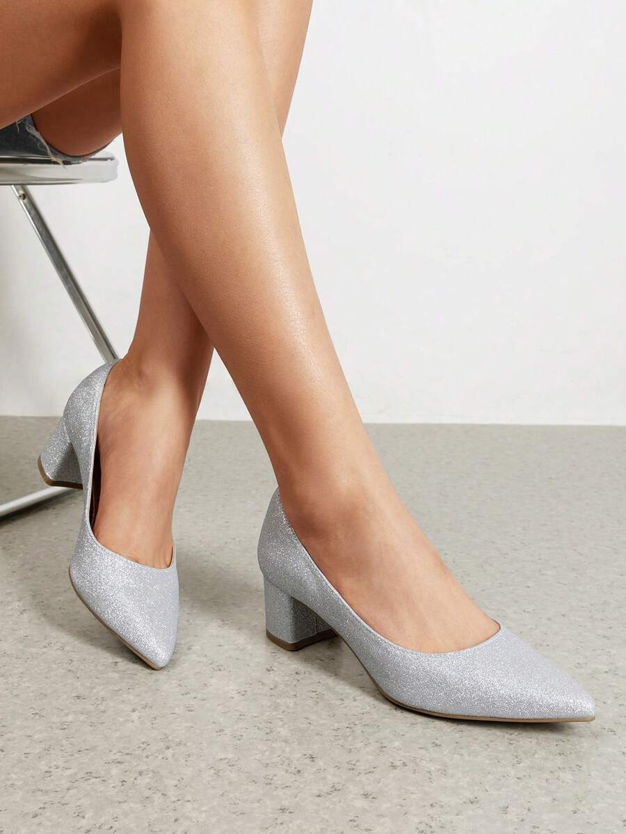 Women's Chunky Low Block Heels Pumps Closed Pointed Toe Slip-On Comfortable Work Dress Elegant Shoes - 銀色 - 查看 1