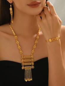 Bộ 4 món trang sức hình học rỗng cổ điển gồm hoa tai, vòng cổ, vòng tay cho nữ - Vàng - Xem 5