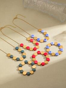 1pc Handmade Geometric Ceramic & Metal Beaded Necklace With Elastic Rope Chain, Inspired By Ins-Style - Dot Blue Ceramic NK - View 2