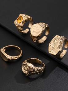 5pcs/Set Men's Unique Rhinestone Embellished Crinkle Texture Metal Style Ring Set - Gold - View 2