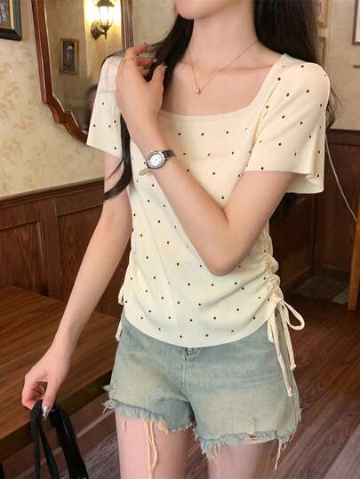 夏季韩版优雅方领波点抽绳针织短袖上衣
