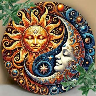 1pc 8"X8" Sun And Moon Yin Yang Metal Wall Art, Vintage Style Retro Metal Sign, Suitable For Indoor/Outdoor Decor In Bedroom, Living Room, Office, Study, Dining Room, Cafe, Entryway, Garage, Classic Decoration, Gift