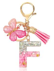 Personalized Bling Monogram Keychain For Women - Resin Letter Charm With Silvery Glitter, Pink Pebble & Gold Star Shaker - Birthday Gifts For Her, Anniversary Present With Pink Tassel & Butterfly Accent Car Accessories Bag Charm School Cute Goth Y2k - Pink - View 5