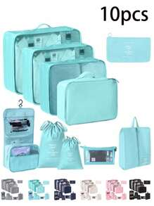 10-1pc Travel Packaging Cube, Waterproof Portable Luggage Organizing Bag, Clothing Storage Bag, Including Clothing Bag, Inner Garment Bag, Shoe Bag, Digital Product Storage Bag, Drawstring Bag, Breathable Net Bag, Toileter Bag, Jewelry Bag, Skin Care Bag, Luggage Storage Bag, Large-Capacity Makeup Organizer Makeup Box, Suitable For Travel, Dormitory, School, Beach