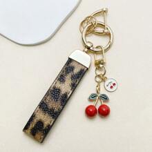 TTOBS 1pc Exquisitely Crafted Leopard Print Leather Car Key Chain With Adorable Cherry Pendant - , Fashionable And Multi-Functional Backpack Keychain - The Perfect Accessory For Backpacks. The Perfect Valentine's Day Gift, Also An Ideal Gift For Your Beloved Girlfriend.