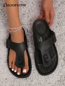 luofu Sandalias de dedo con hebilla negra para mujer, sandalias planas de pala fresca para uso diario, atuendos de playa, chanclas, atuendos de verano - Negro - Ver 2
