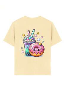 Schattig T-shirt met ronde hals en drank- en donutprint voor tienermeisjes, zomertopje