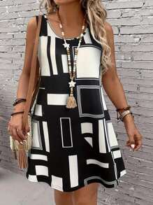 Vestido de verano para mujer talla grande, vestidos midi sin mangas con estampado geométrico (disponible en tallas 1X-5X), vestido bohemio casual chic para playa y vacaciones