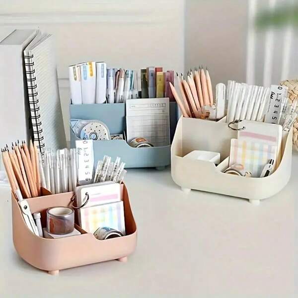 1pc Large Capacity Minimalist Solid Beige 5 Grid Desktop Storage Box, Made Of Other Material, For Desktop Use