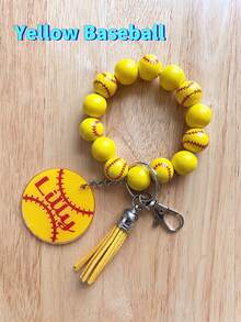 1pc Custom Sports Wristlet Bracelet Keychains, Customizable With Name, Personalized Wood Beads Sports Print Soccer Bracelet Keychains, Acrylic Print Volleyball Sports Wristlet Bracelet Keychain, Sports Wristlet Soccer/Volleyball/Basketball/Baseball