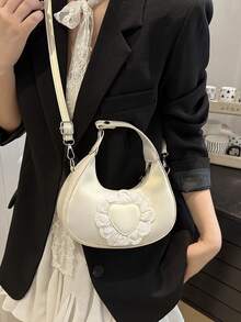 1pc Zipper Closure Solid Color PU Woven Handbag, Vintage Fashion Versatile Crescent Moon Shaped Shoulder Crossbody Bag, Suitable For Women Dating, Daily Use, And Gift - White - View 4