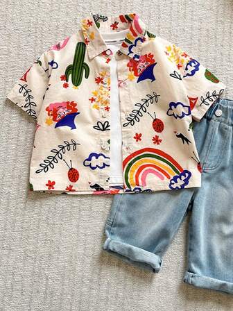 Letnia nowa dziecięca koszulka w stylu wakacyjnym z krótkim rękawem i kwiatowym nadrukiem, dla chłopców i dziewcząt