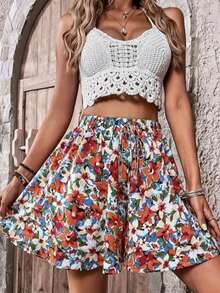 Women's Loose Floral Print High Waist Shorts, Spring/Summer - Red - View 3