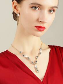 Conjunto de joyería de lujo con rhinestones para dama - Incluye collar, aretes, pulsera - Elegante bolso de mano de PU dorado con detalles de rhinestones - Joya personalizada elegante para damas, ideal para fiestas, bodas y eventos.