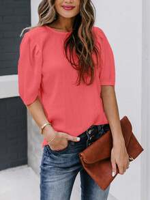 Women's Solid Color Short Sleeve Shirt, Casual Round Neck Blouse, Fashionable Petal Sleeve Shirt For Summer - Coral - View 6