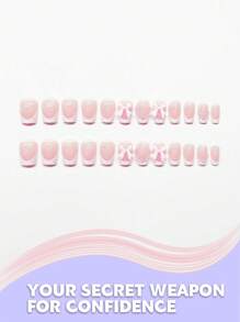 24 piezas Uñas postizas de diseño de perlas rosas y lazos de estilo Y2k en forma de ataúd medio, adecuadas para el suministro de uñas de uso diario para mujeres y niñas. uñas falsas uña falsa uña acrílica