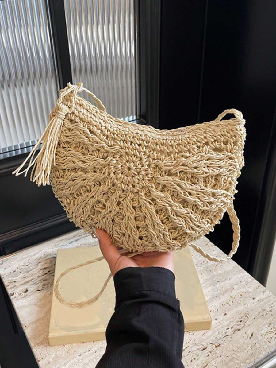 Yogodlns 女士半圆形草编包，夏季沙滩藤编单肩包，拉链编织斜挎包，波西米亚风度假夏季手工编织沙滩包带流苏，钩针镂空旅行手提腋下包 - 米色 - 查看 1