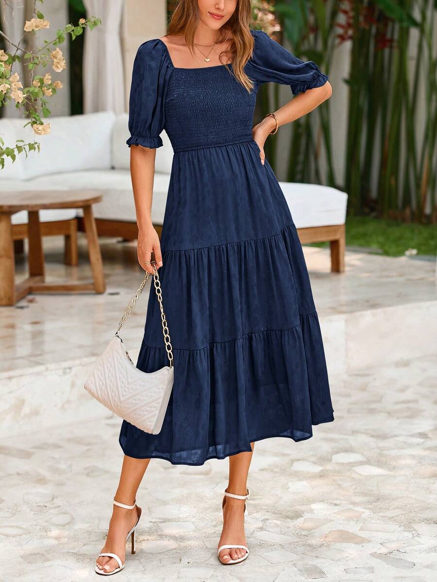 Women's Summer Casual Mid-Length Dress Square Collar Puffed Sleeve Ruffles A-Line Flower Elegant Bohemian Style Dress - màu xanh đậm - Xem 1