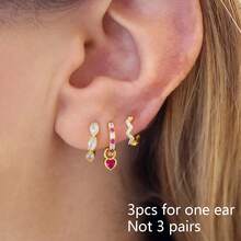 3PCS Fashion 18K Gold Plated Earrings Set With Heart And Wave Design, Hypoallergenic Exquisite Cartilage Huggie Hoop Earring Everyday Earring Stack For Sensitive Ears - 3pcs Earrings Set - View 1