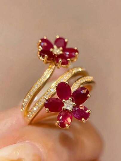 1pc Adjustable Red Gemstone Flower Ring, Charm Jewelry For Women, Suitable For Party, Daily Wear, Valentine's Day Gift