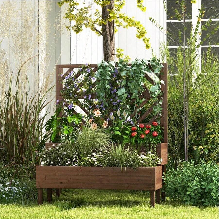 GOFLAME 2-Tier Raised Garden Bed With Trellis Elevated Planter Box Container With Leg - Brown - View 1