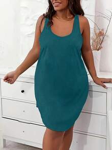 فستان منزلي فضفاض بلون صلب مريح للمرأة بحواف منحنية، مناسب للربيع والصيف للمقاسات الكبيرة - أزرق غامق - مشاهدة 4