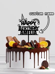 1Pc Cute Cartoon Personalized Name Unicorn Rainbow Star Cake Topper Birthday Party Cake Decoration,Cute Cake Ornament, A Gift For Girls - Black - View 2