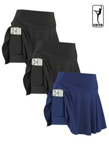 3pcs/Set Plus Size Women Sports Skirt, High Waist Elastic Exercise Running Fitness Golf Tennis Skirt, Tight Fashionable Slimming Skirt With Pockets - Multicolor - View 2