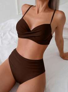 طقم بكيني جديد بحمالات متقاطعة وكأس من الفولاذ منفصل، بلون أزرق بسيط، طراز أوروبي وأمريكي للسيدات