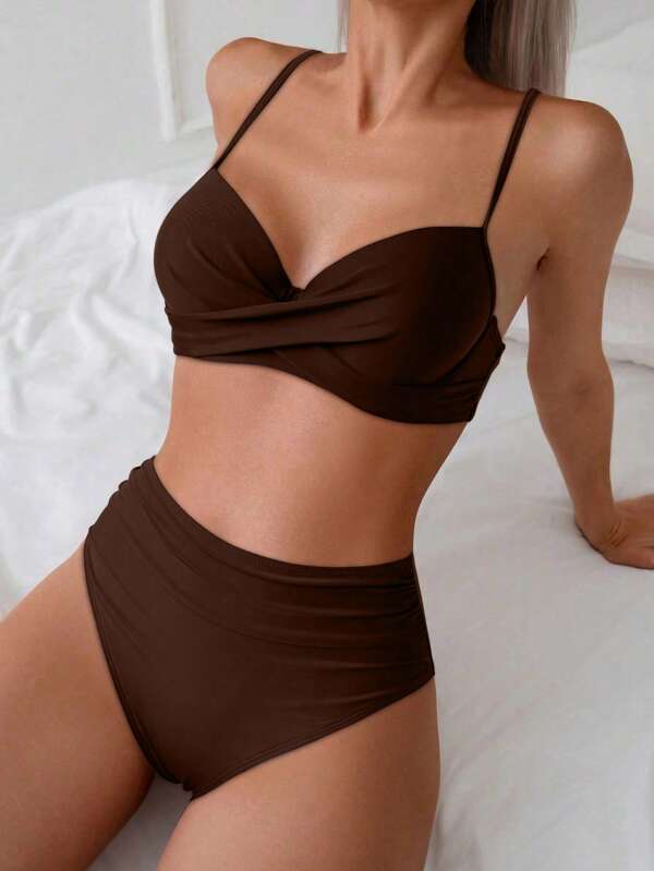 Neue Ankunft Sexy simpler blauer Farbblock Kreuzgurt Stahl Unterbügel getrennt Bikini Set, europäischer & amerikanischer Damenstil